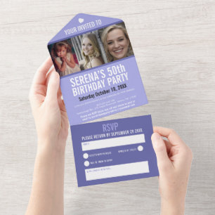 Invitación Todo En Uno Púrpura azul Peri tres fotos 50 cumpleaños fiesta