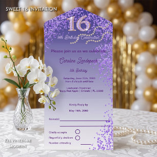 Invitación Todo En Uno Púrpura Glitter Caligrafía Número Dulce 16