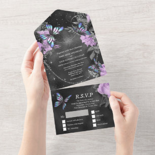 Invitación Todo En Uno Púrpura mariposa de plata shimmer rosa negro moda 