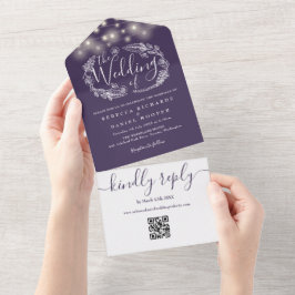 Invitación Todo En Uno Púrpura String Lights Floral QR Code Boda