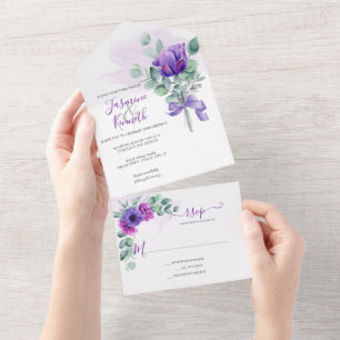 Invitación Todo En Uno Púrpura y rosa Anemones acuarela Floral Boda A
