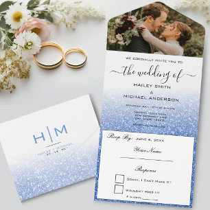 Invitación Todo En Uno Purpurina azul Ombre Elegante Boda de fotografía m
