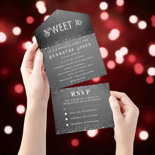 Invitación Todo En Uno Purpurina blanco negro esparce dulce moderno 16 (Subido por el creador)