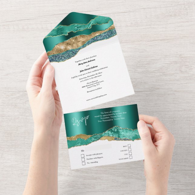 Invitación Todo En Uno purpurina boda blanco de agrimenia de mármol dorad (desgarro)