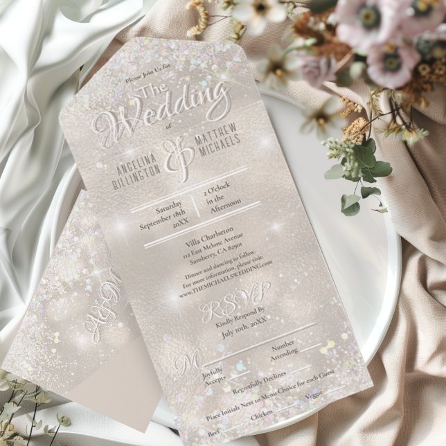 Invitación Todo En Uno Purpurina de champagne Confetti Elegant Wedding (Elegant Champagne Glitter Confetti Wedding All In One Invitation)