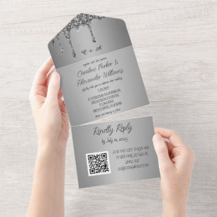Invitación Todo En Uno Purpurina de espuma plateado Guión gris RSVP Códig