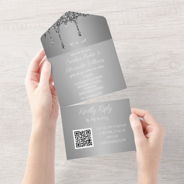 Invitación Todo En Uno Purpurina de espuma plateado Guión gris RSVP Códig (desgarro)