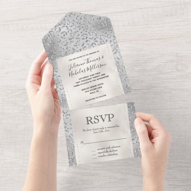 Invitación Todo En Uno Purpurina de impresión Pearl Silver Leopard (desgarro)