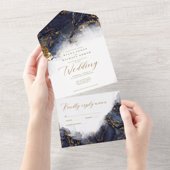 Invitación Todo En Uno Purpurina de mármol Boda Navy Blue Gold ID644 (desgarro)