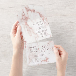 Invitación Todo En Uno Purpurina de mármol moderno Boda Rosa Gold ID816