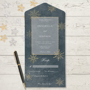 Invitación Todo En Uno Purpurina de nieve azul y oro vintage sin cena
