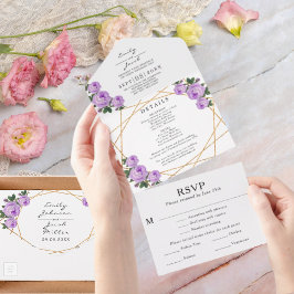 Invitación Todo En Uno Purpurina de oro Geo Purple Floral Wedding RSVP Fo