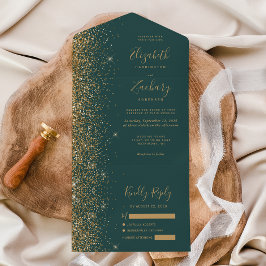 Invitación Todo En Uno Purpurina de oro moderno Boda verde oscuro