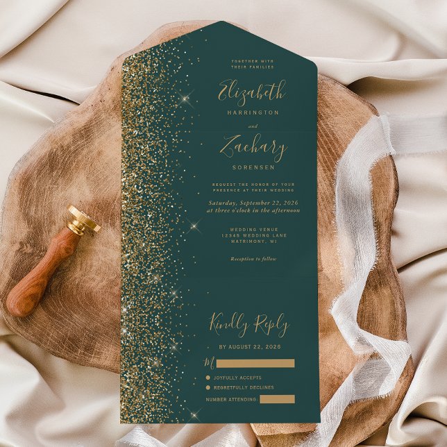 Invitación Todo En Uno Purpurina de oro moderno Boda verde oscuro (Subido por el creador)