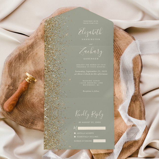 Invitación Todo En Uno Purpurina de oro moderno Sage Green Boda (Subido por el creador)