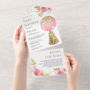 Invitación Todo En Uno Purpurina de oro rosa lindo Baby Shower con globo