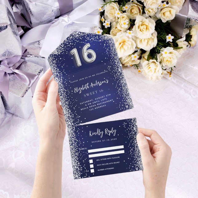 Invitación Todo En Uno Purpurina de plata azul marino Sweet 16 rsvp (Subido por el creador)