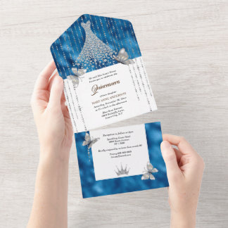Invitación Todo En Uno Purpurina de plata azul secuencial vestido chicas