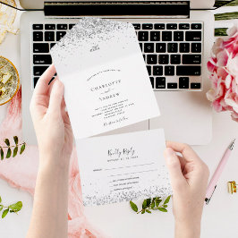 Invitación Todo En Uno Purpurina de plata blanca enciende elegante boda