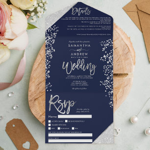 Invitación Todo En Uno Purpurina de plata de moda confetti boda azul mari