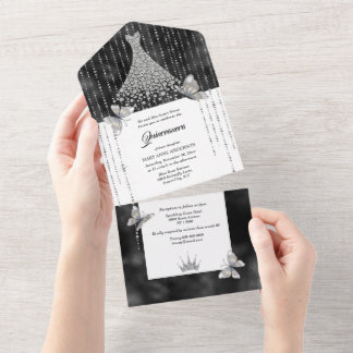 Invitación Todo En Uno Purpurina de plata negra vestido diamante de imita