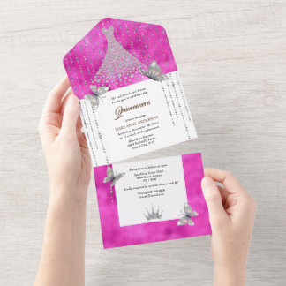 Invitación Todo En Uno Purpurina de plata rosa secuenciar vestido chicas