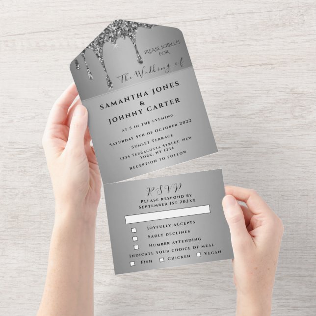 Invitación Todo En Uno Purpurina de Plata RSVP Boda Elegante (desgarro)