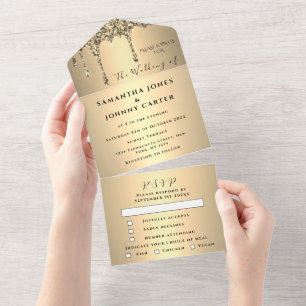 Invitación Todo En Uno Purpurina Drip Gold Sparkle RSVP Elegant Wedding