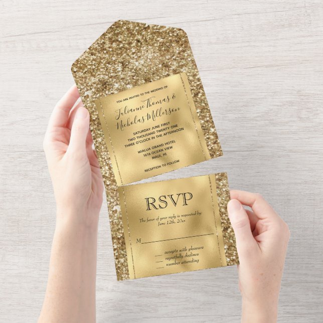 Invitación Todo En Uno Purpurina Glitzy Gold Glam (desgarro)