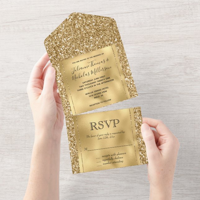 Invitación Todo En Uno Purpurina Gold Glam Glitzy (desgarro)