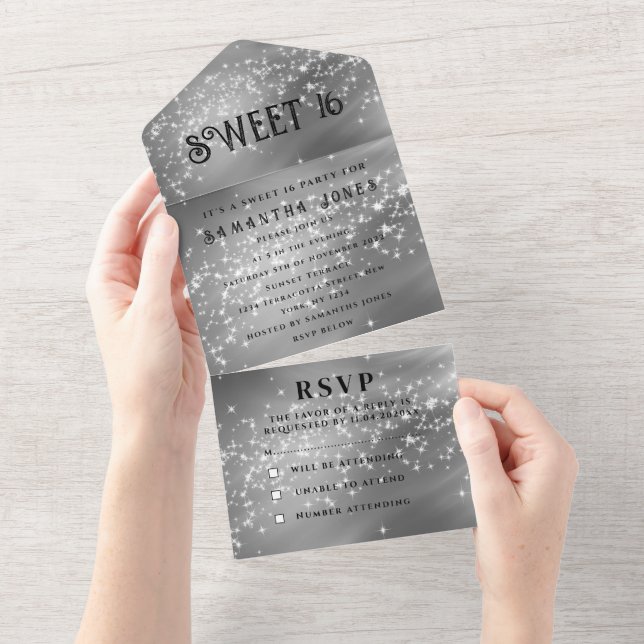 Invitación Todo En Uno Purpurina Gris plateado Sparkle Dulce moderno 16 (desgarro)