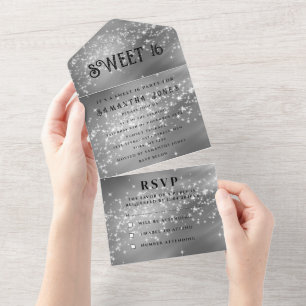 Invitación Todo En Uno Purpurina Gris plateado Sparkle Dulce moderno 16