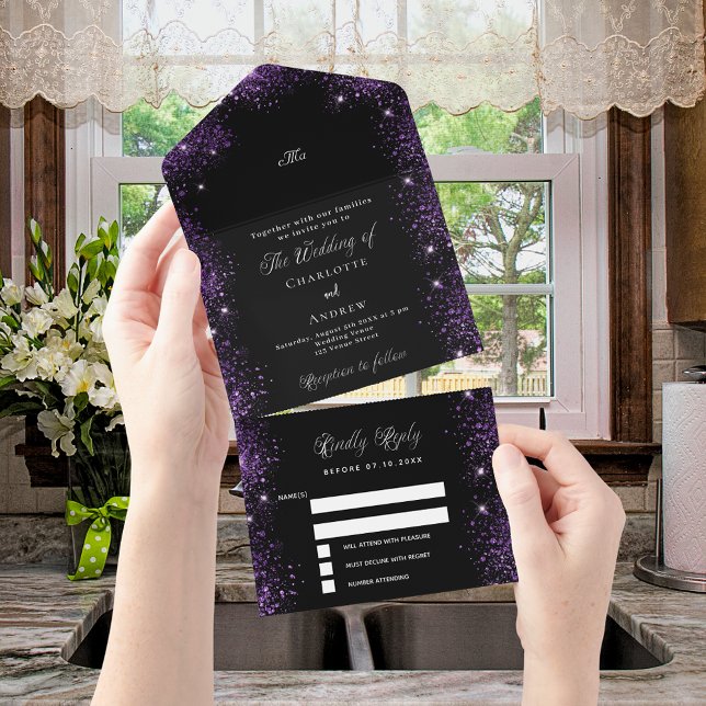 Invitación Todo En Uno Purpurina morado negro elegante boda de guiones (Subido por el creador)