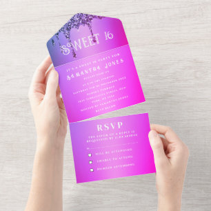 Invitación Todo En Uno Purpurina morado rosa Sparkle dulce moderno 16