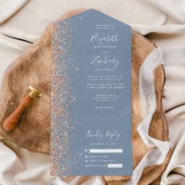 Invitación Todo En Uno Purpurina Peach moderno Boda Dusty Blue