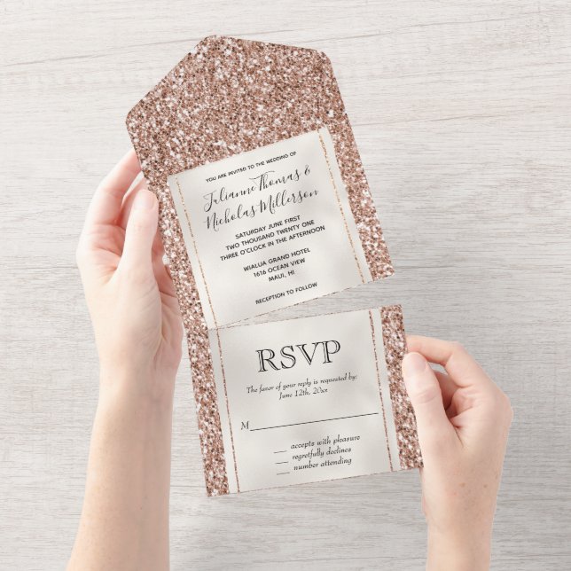 Invitación Todo En Uno Purpurina Peach Rosa Gold Luxe (desgarro)