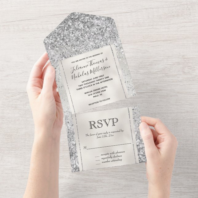 Invitación Todo En Uno Purpurina Pearl White Luxe Silver     (desgarro)