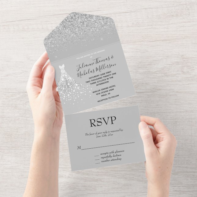 Invitación Todo En Uno Purpurina Plata Vestido de Diamante Blanco Confett (desgarro)