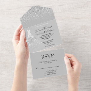 Invitación Todo En Uno Purpurina Plata Vestido de Diamante Blanco Confett