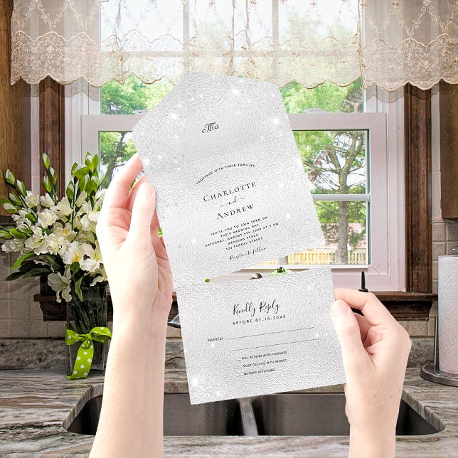 Invitación Todo En Uno Purpurina plateado elegante rsvp boda (Subido por el creador)