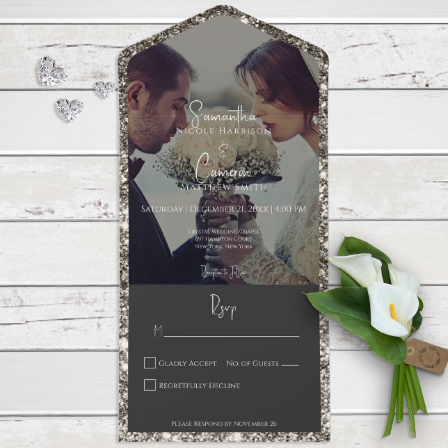 Invitación Todo En Uno Purpurina plateado moderno foto sin cena (Subido por el creador)