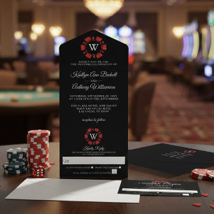 Invitación Todo En Uno Purpurina Rojo Monograma Poker Chip Casino Boda
