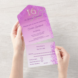 Invitación Todo En Uno Purpurina rosa Caligrafía número dulce 16