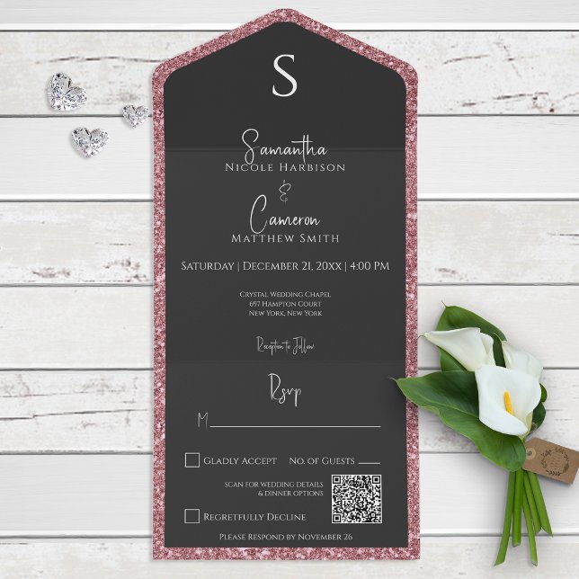 Invitación Todo En Uno Purpurina rosa y código QR de Glam negro (Subido por el creador)