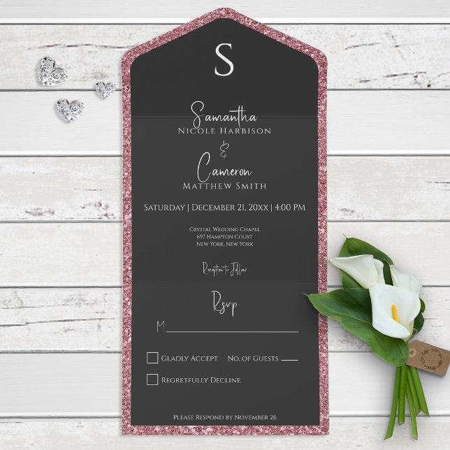 Invitación Todo En Uno Purpurina rosado y Glam negro moderno sin cena (Subido por el creador)
