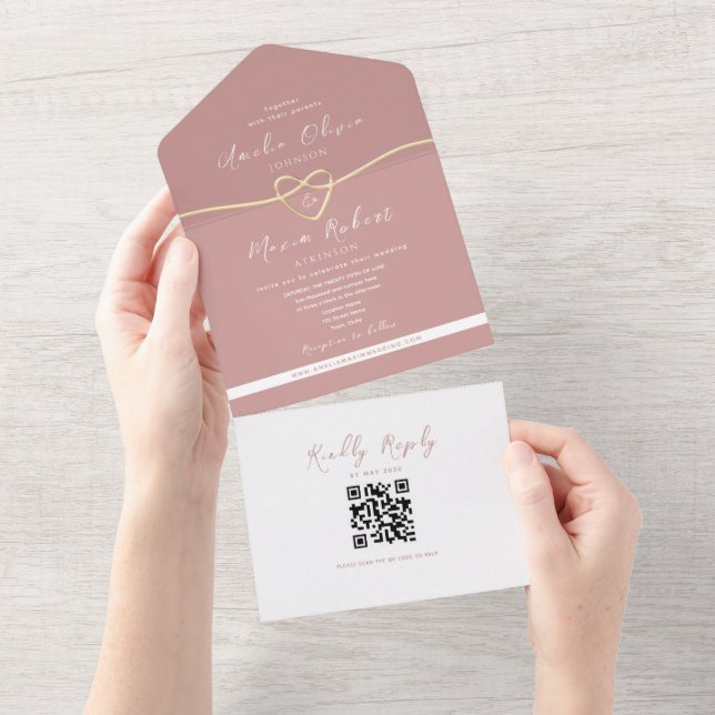 Invitación Todo En Uno QR Blush Dusty Rose Wedding (desgarro)