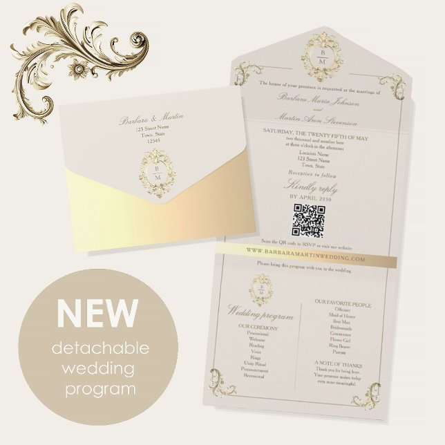 Invitación Todo En Uno QR Code Baroque Monogram Wedding (Subido por el creador)