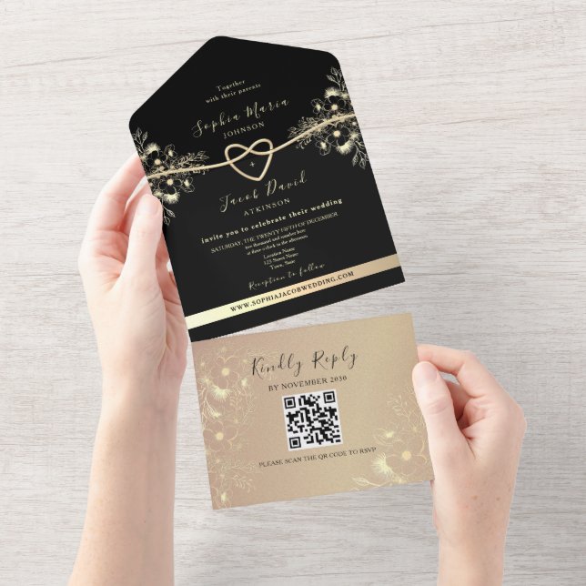 Invitación Todo En Uno QR Code Black Gold Boda Floral (desgarro)