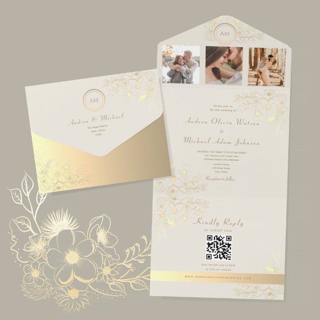 Invitación Todo En Uno QR Code Ivory Gold Floral Wedding (Subido por el creador)