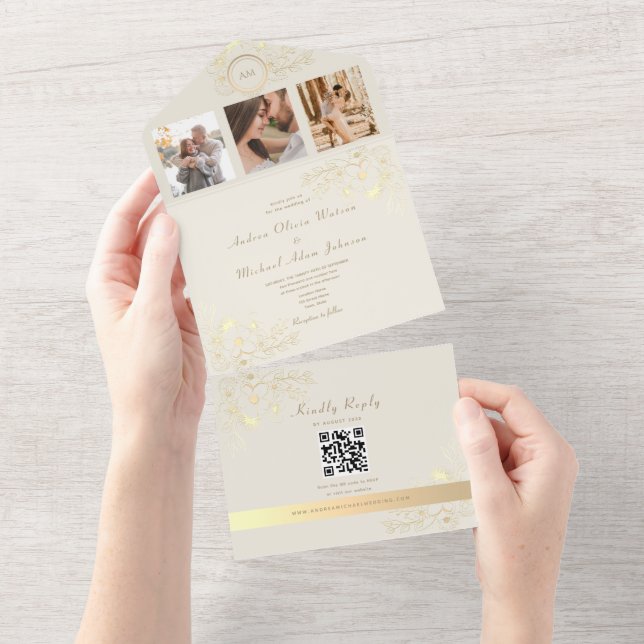 Invitación Todo En Uno QR Code Ivory Gold Floral Wedding (desgarro)